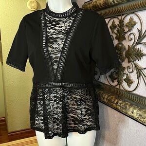 Scobe Black Lace Peplum & Bodice Lace Trim Top Sz S